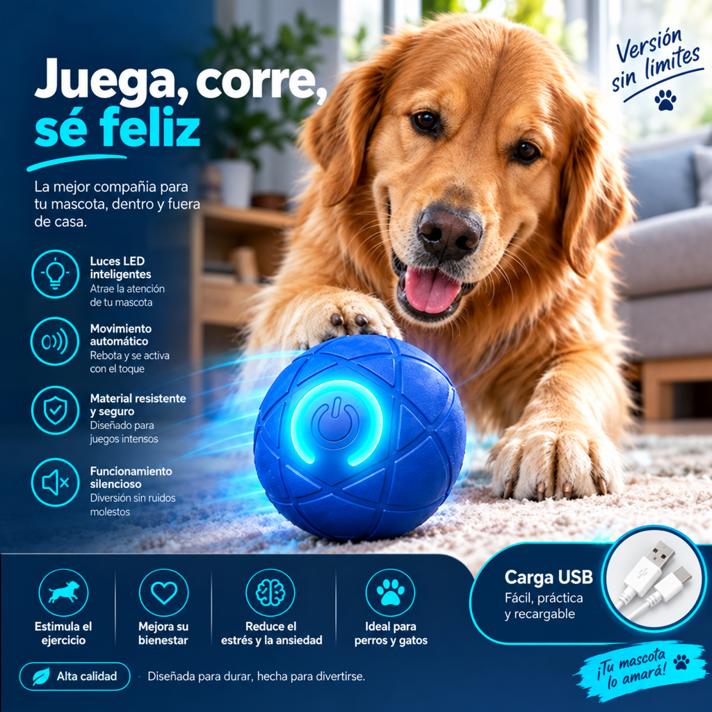 Perro junto a una pelota interactiva azul recargable por USB